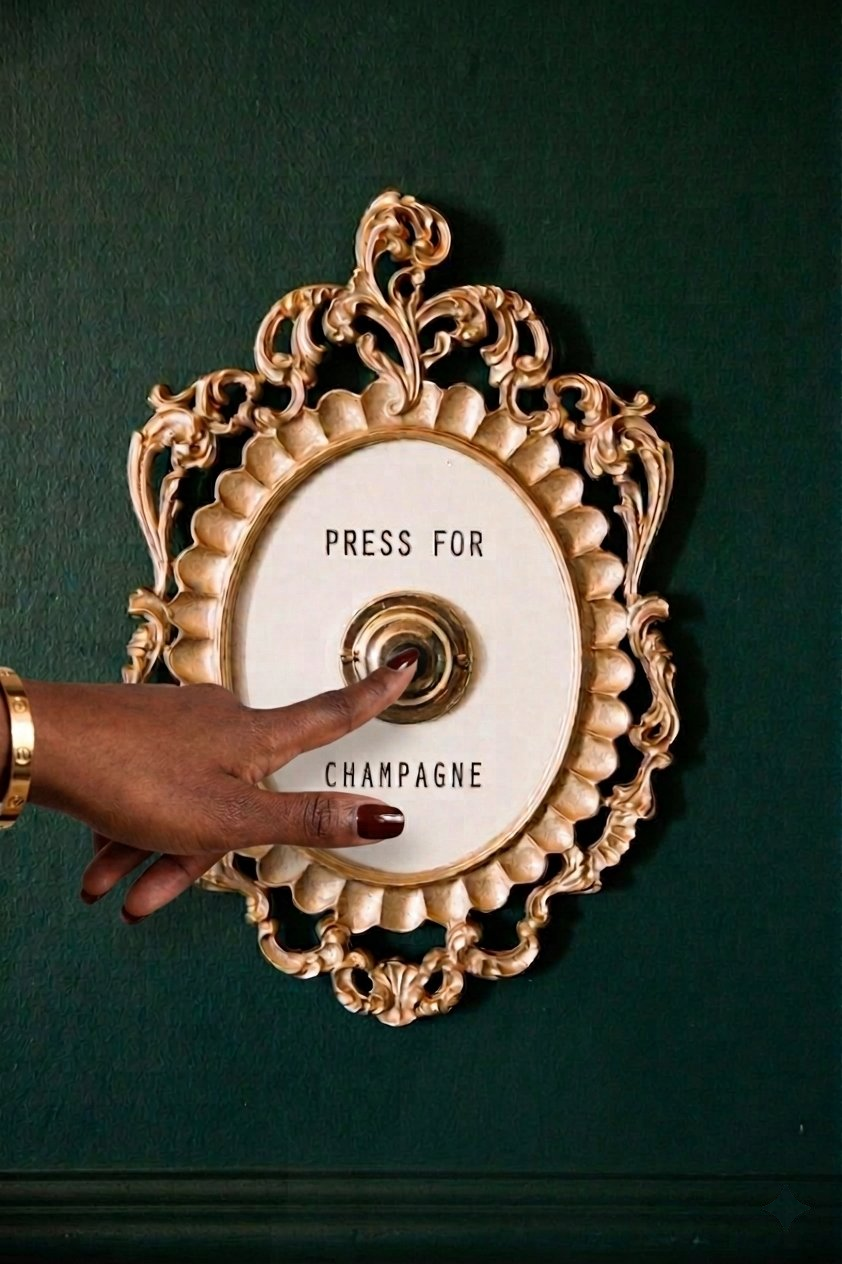 An ornate gold doorbell reading Press for Champagne — Mayne Assembly
