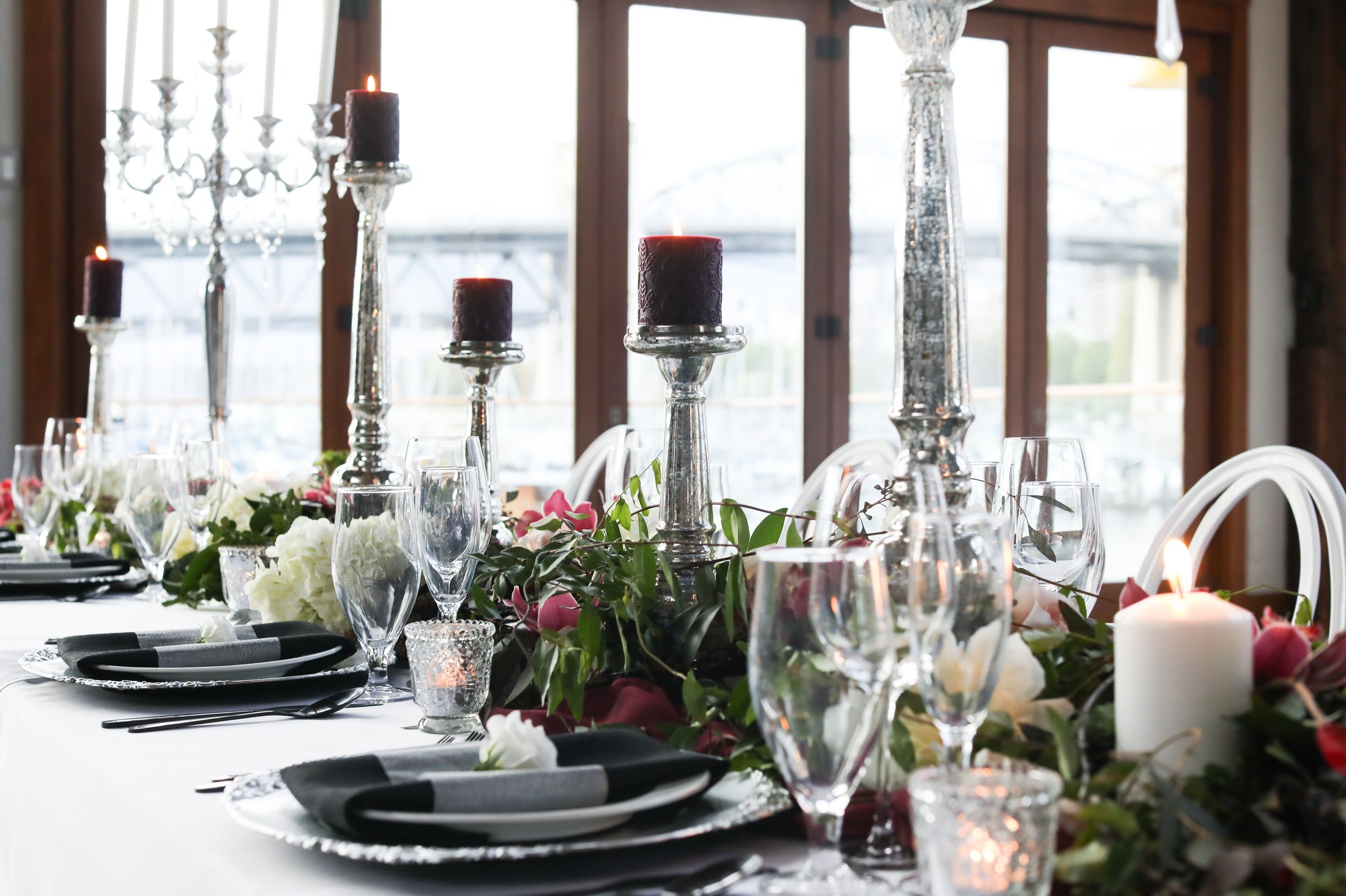 Interior shot of Bridges Restaurant dining room, styled and lit