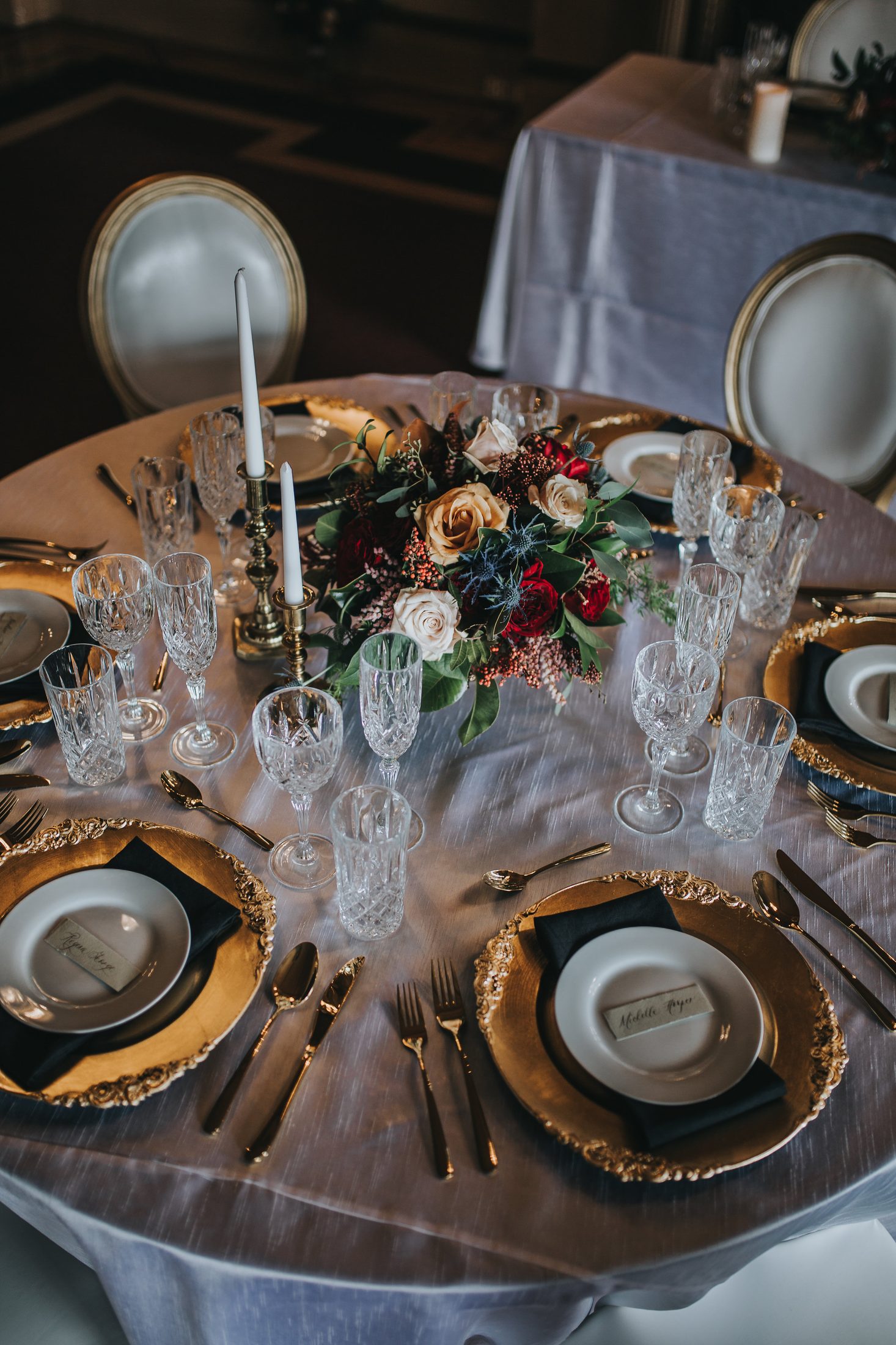 Tablescape with linen, stationery, and décor vignette